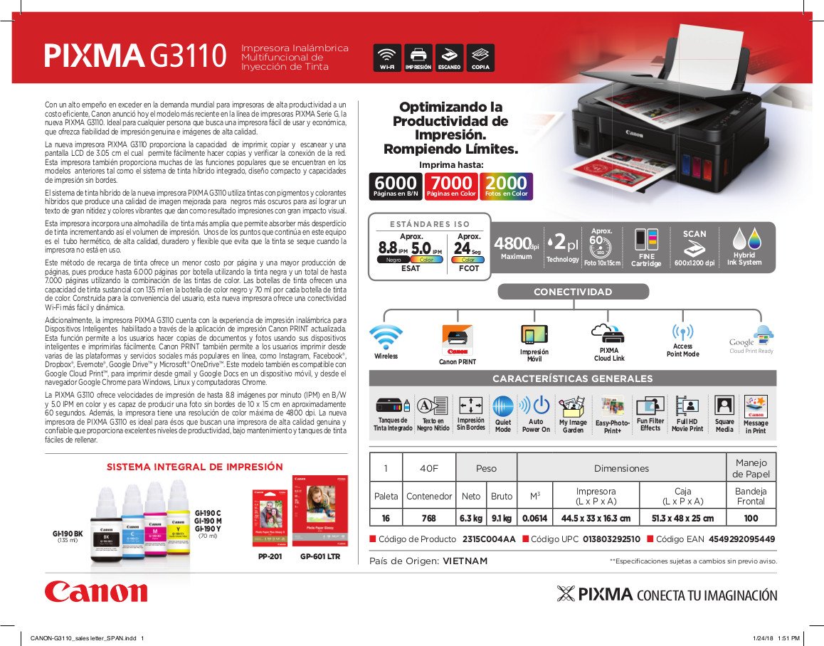 Impresora Multifunción Canon Pixma G3110 WiFi Sistema Continuo - Imagen 2