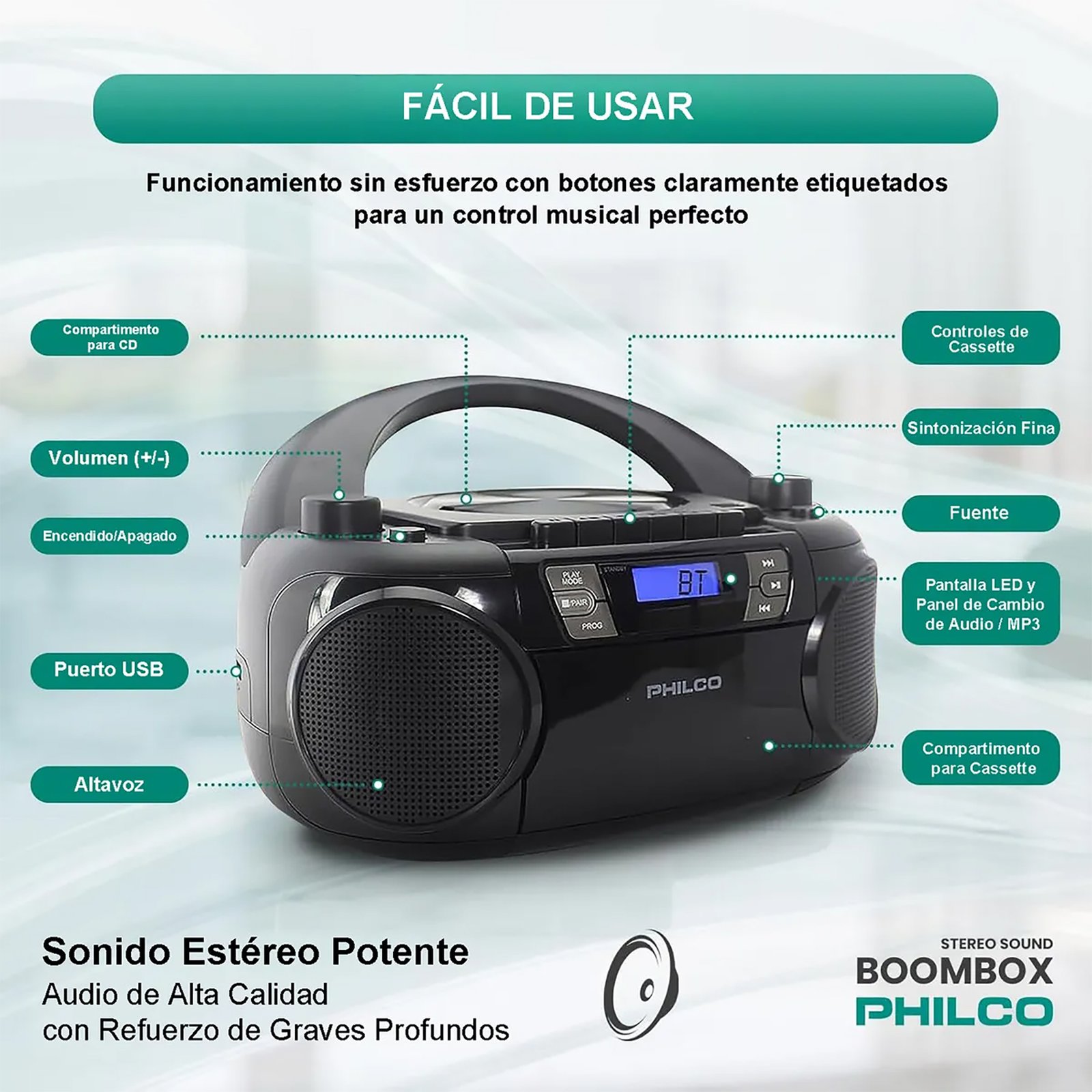 Radio Philco Boombox Bt 12w Estéreo FM CD MP3 - Imagen 3